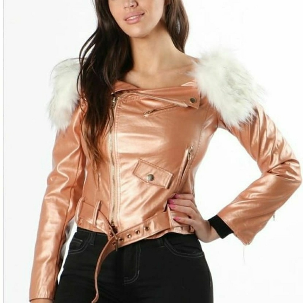 Biker Jacket with Detachable Faux Fur Collar